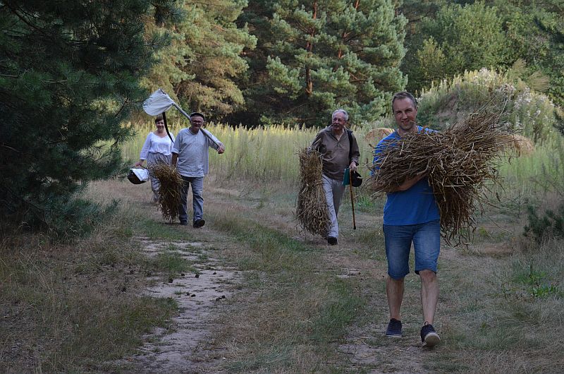 Cztery osoby (żniwiarze) idą polną drogą ze snopkami sboża i kosą