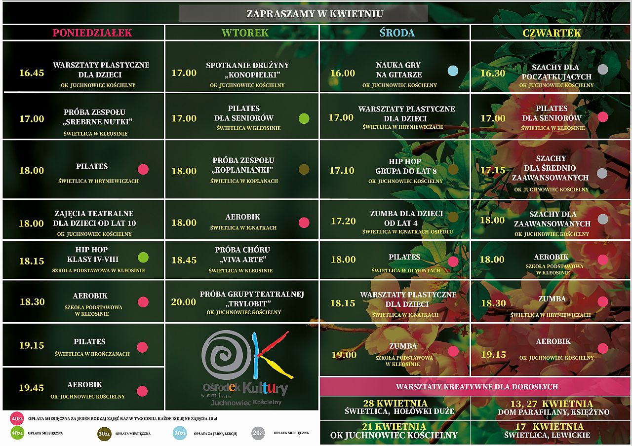 Na zdjęciu plan zajęć w Ośrodku Kultury w kwietniu 2023